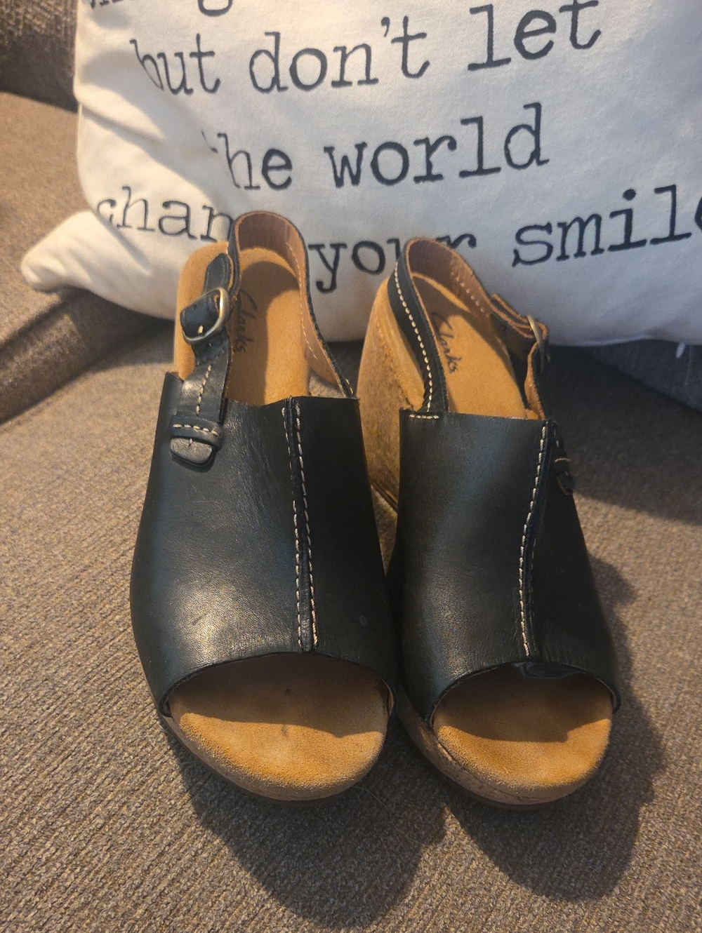 Clarks Black Leather Upper & Cork Wedge Sandals